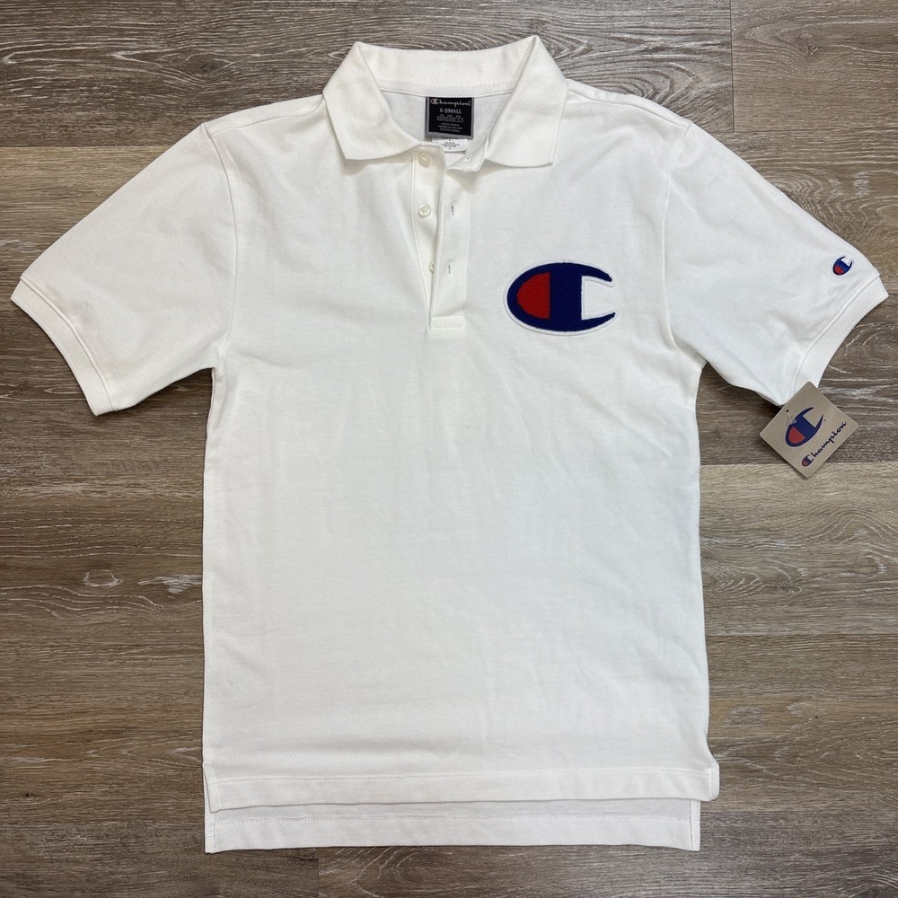*FLAWS Champion Polo Shirt Big Chenille Logo White Pique Men's Size XS White NWT